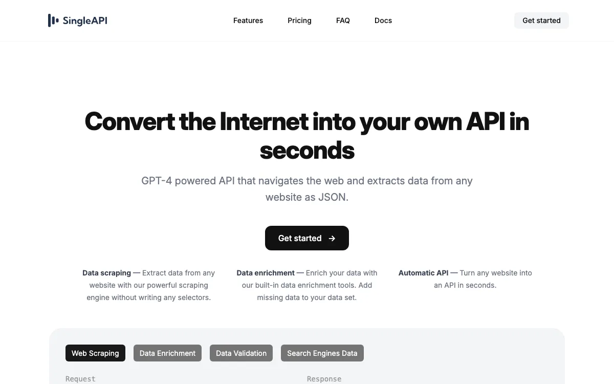 SingleAPI homepage screenshot