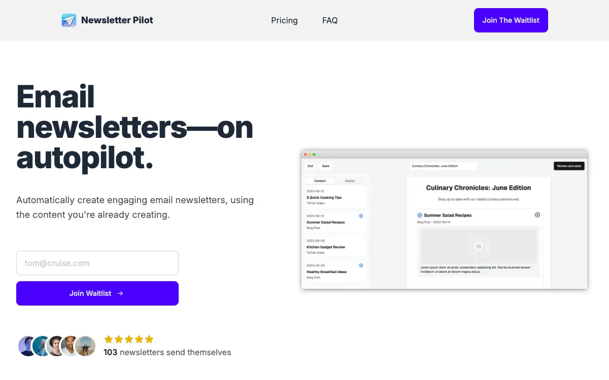 Newsletter Pilot homepage screenshot