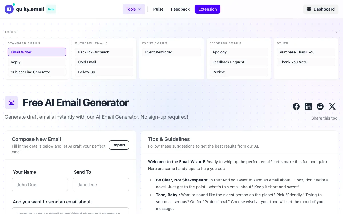 Free AI Email Generator homepage screenshot
