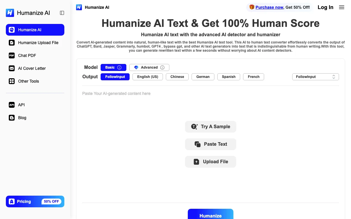 Humanize AI homepage screenshot