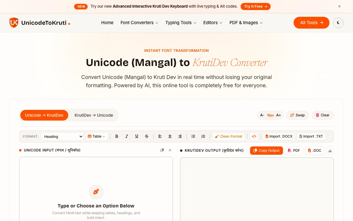 Unicode to Krutidev homepage screenshot