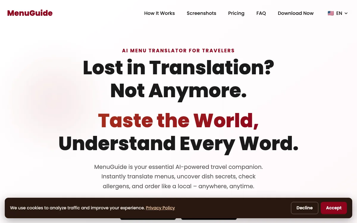 MenuGuide homepage screenshot