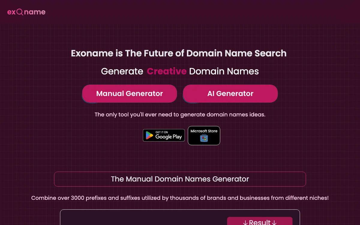 Exoname homepage screenshot