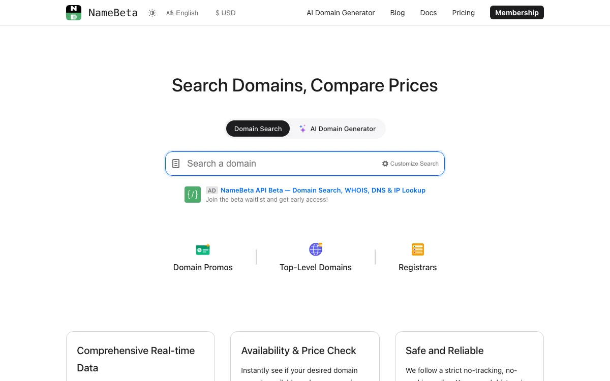 NameBeta homepage screenshot