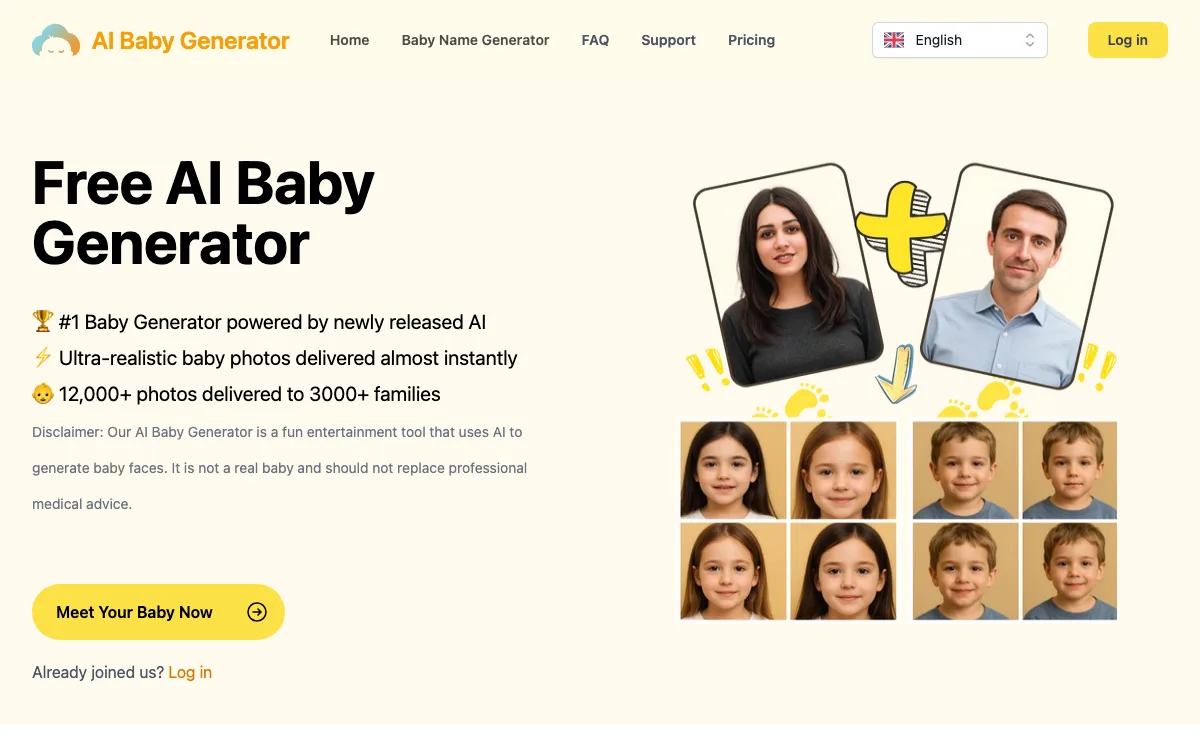 Free AI Baby Generator homepage screenshot