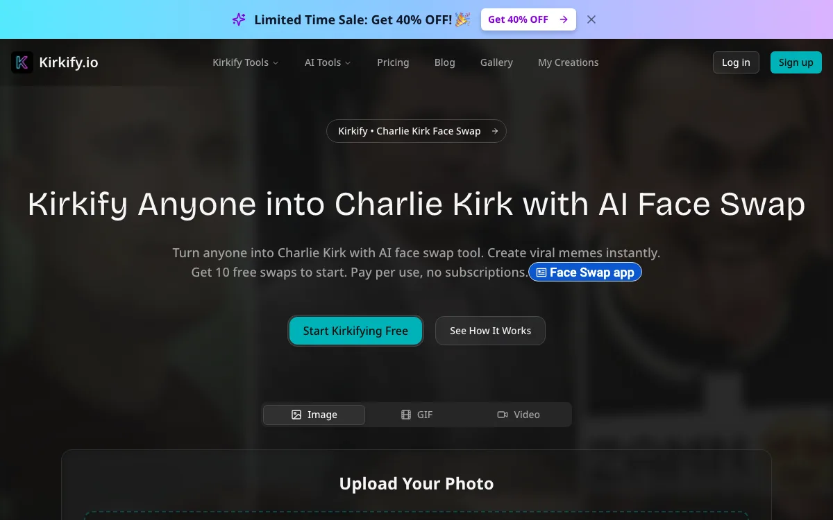 Kirkify AI - Free Face Swap Tool homepage screenshot