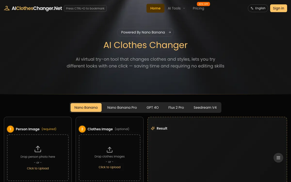 AI Clothes Changer homepage screenshot