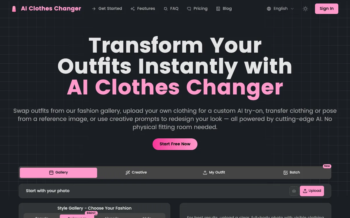 AI Clothes Changer homepage screenshot