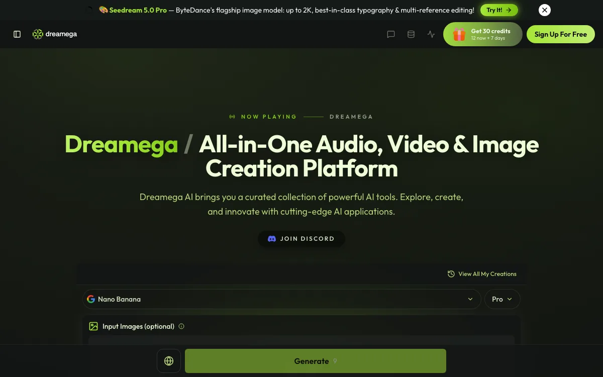 Dreamega.AI - AI-Powered Content Creation Platform homepage screenshot