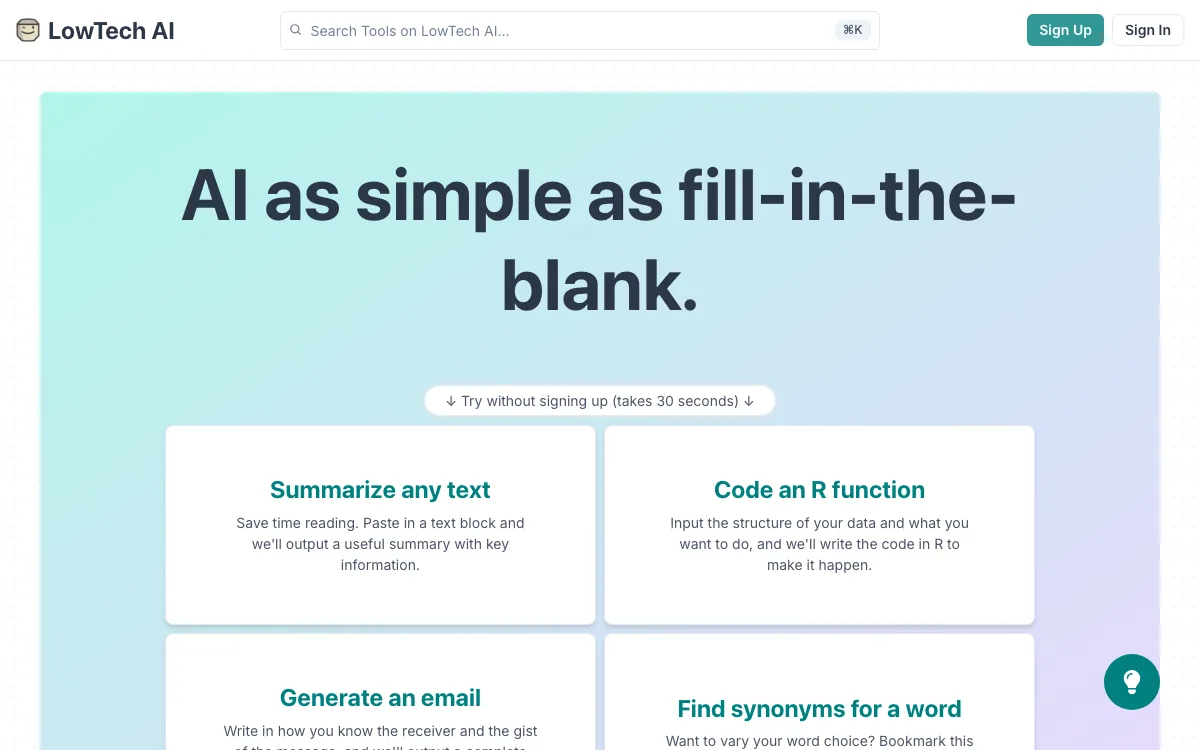 LowTech AI homepage screenshot