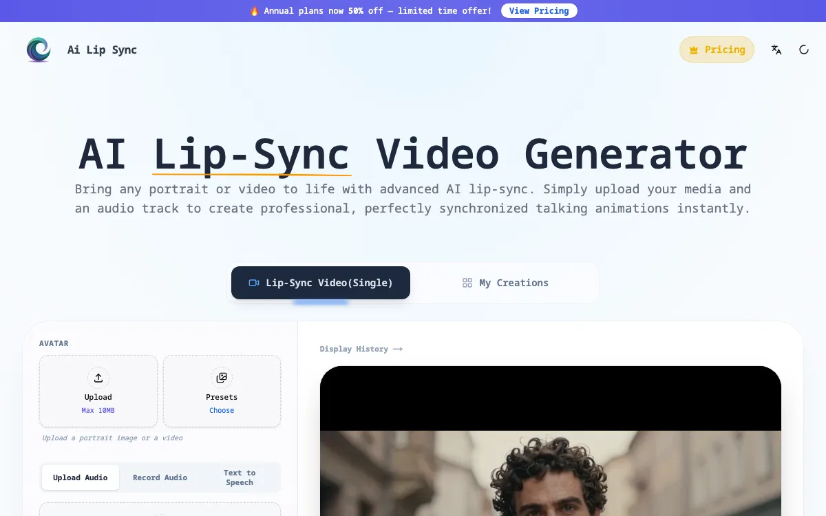 Photo Lip Sync Generator – Animate Any Portrait Into a Realistic Lip Sync Video homepage screenshot