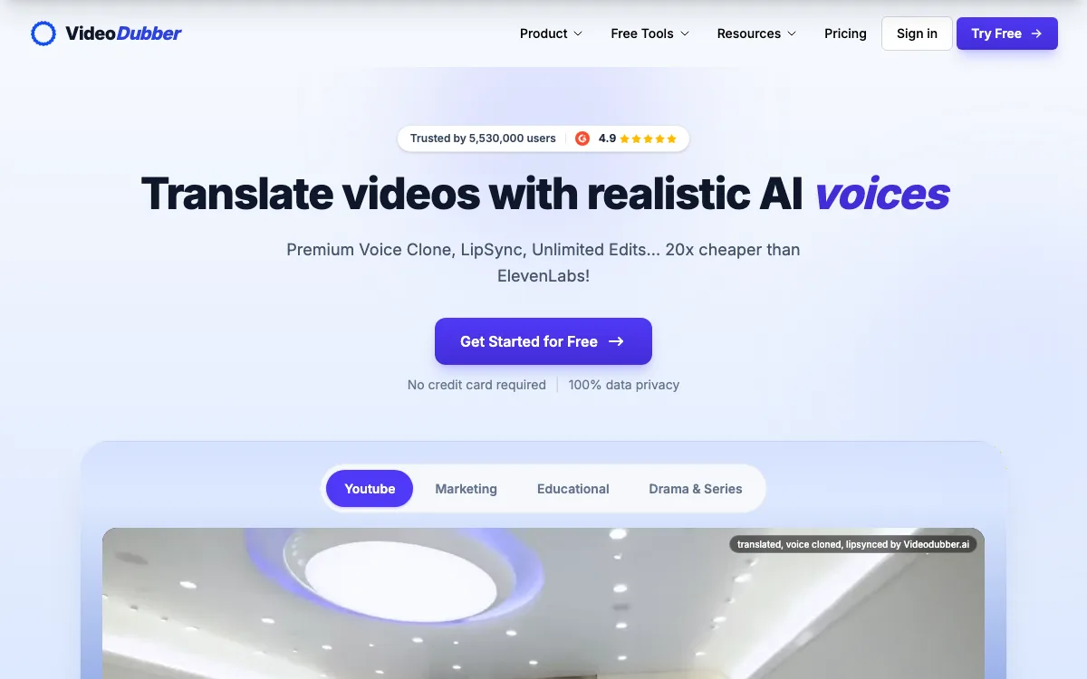 VideoDubber: free dubbing and video translation homepage screenshot