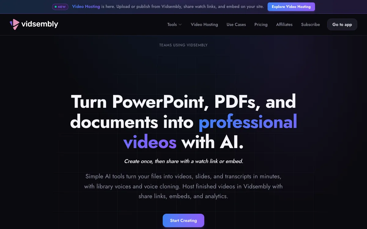 Vidsembly homepage screenshot