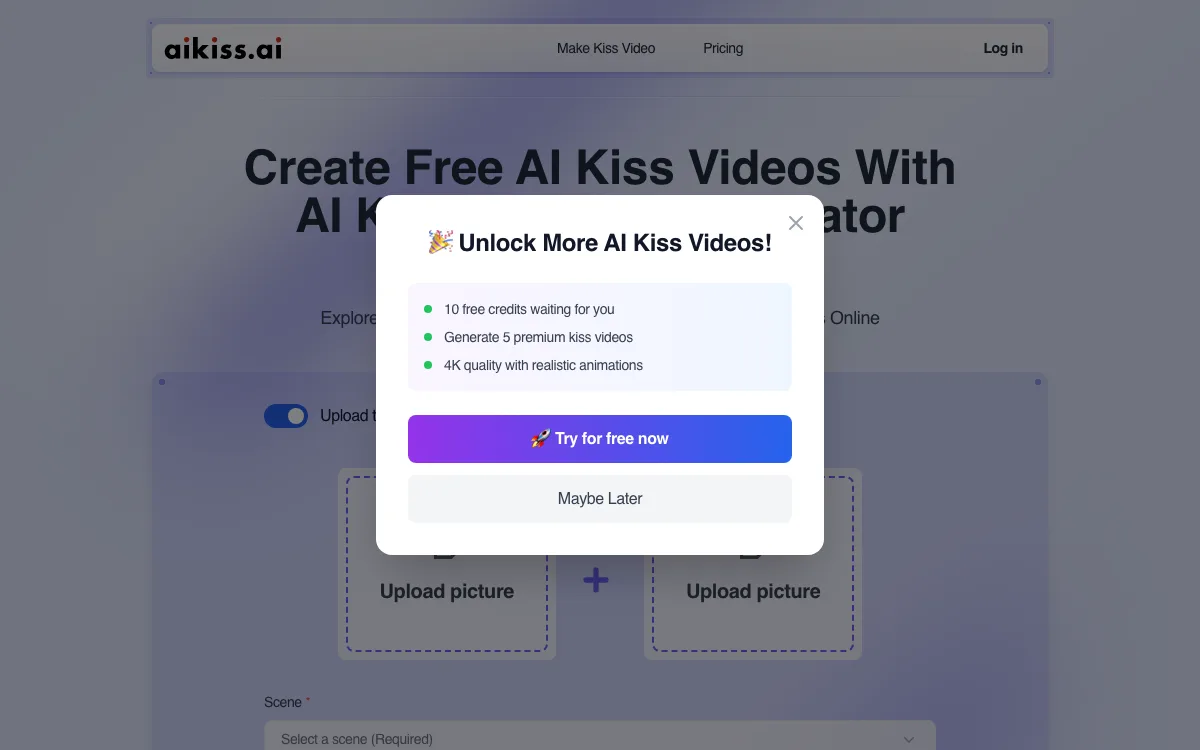 AI Kiss Video Generator homepage screenshot