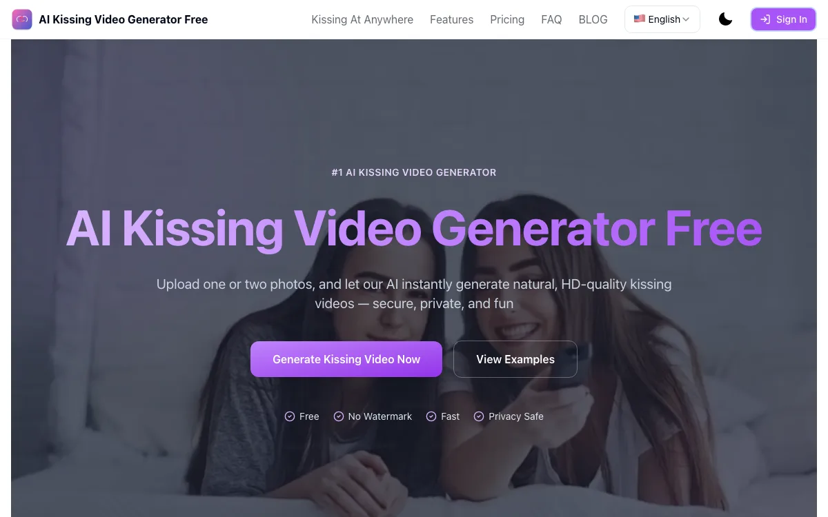 AI Kissing Video Generator homepage screenshot
