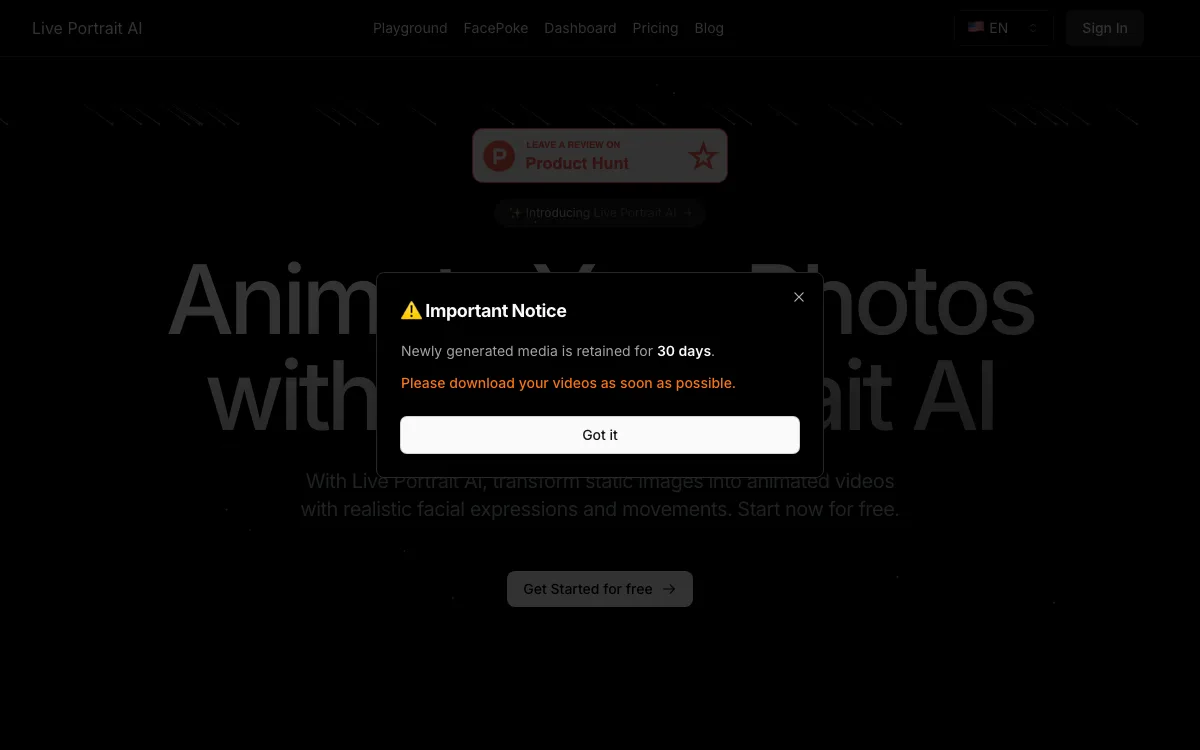 Live Portrait AI homepage screenshot