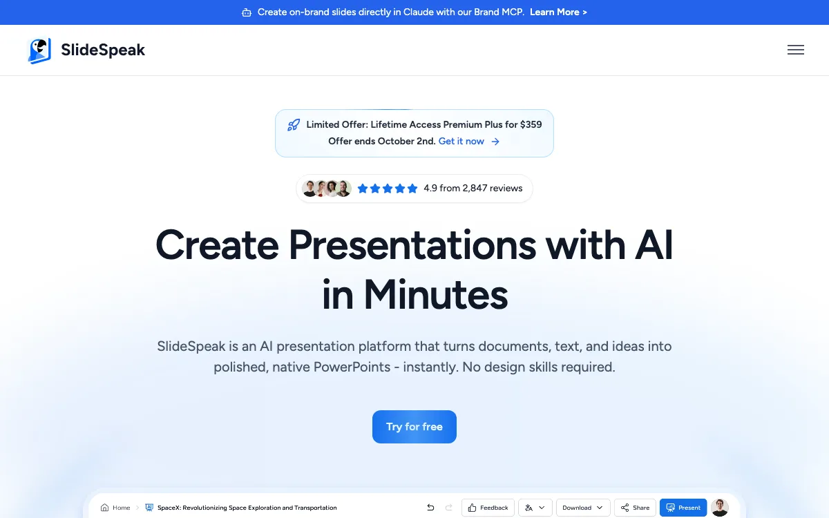 SlideSpeak homepage screenshot