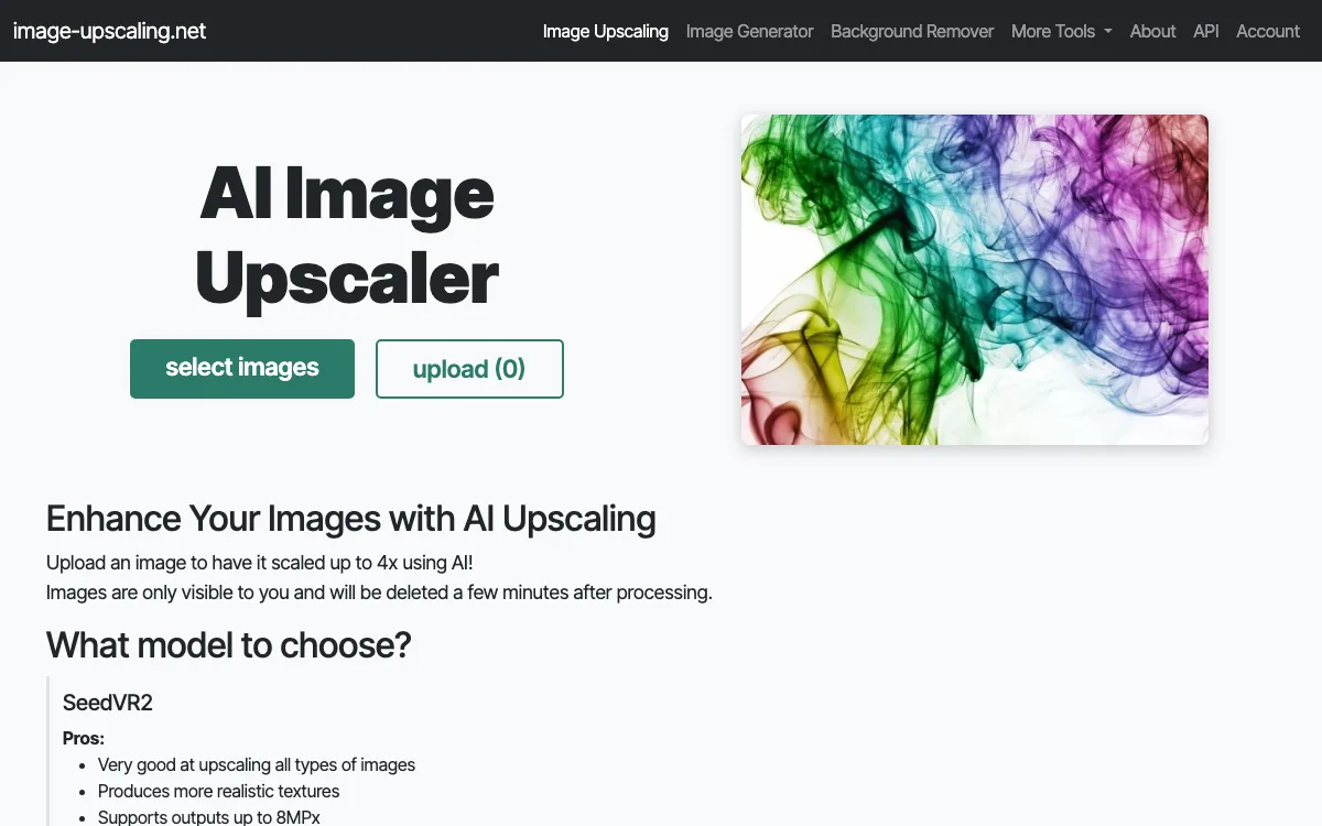 Free AI Image Upscaling homepage screenshot