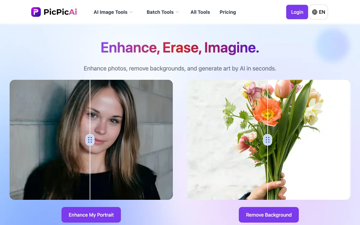 PicPicAI - AI Portrait Enhancerv2.0 homepage screenshot