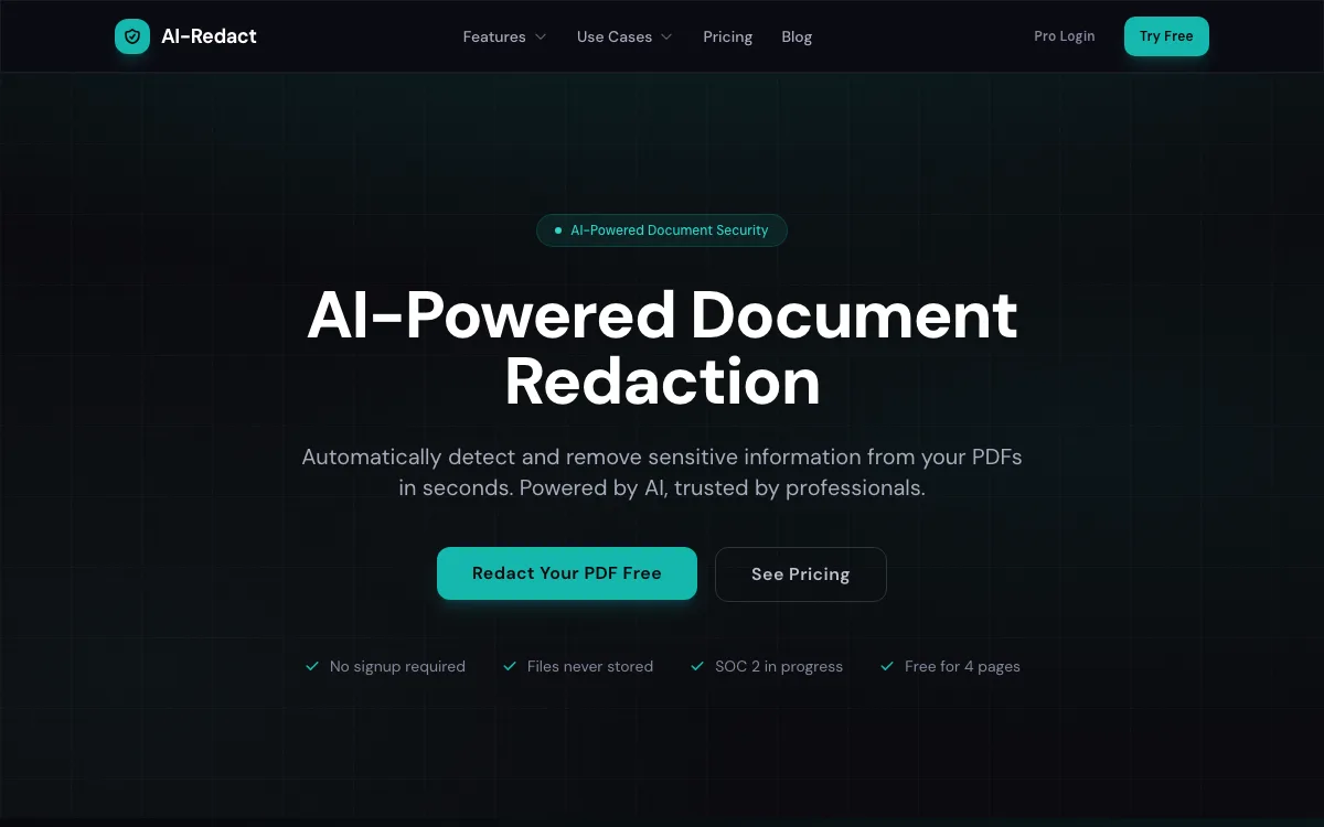 AI PDF redaction tool App homepage screenshot