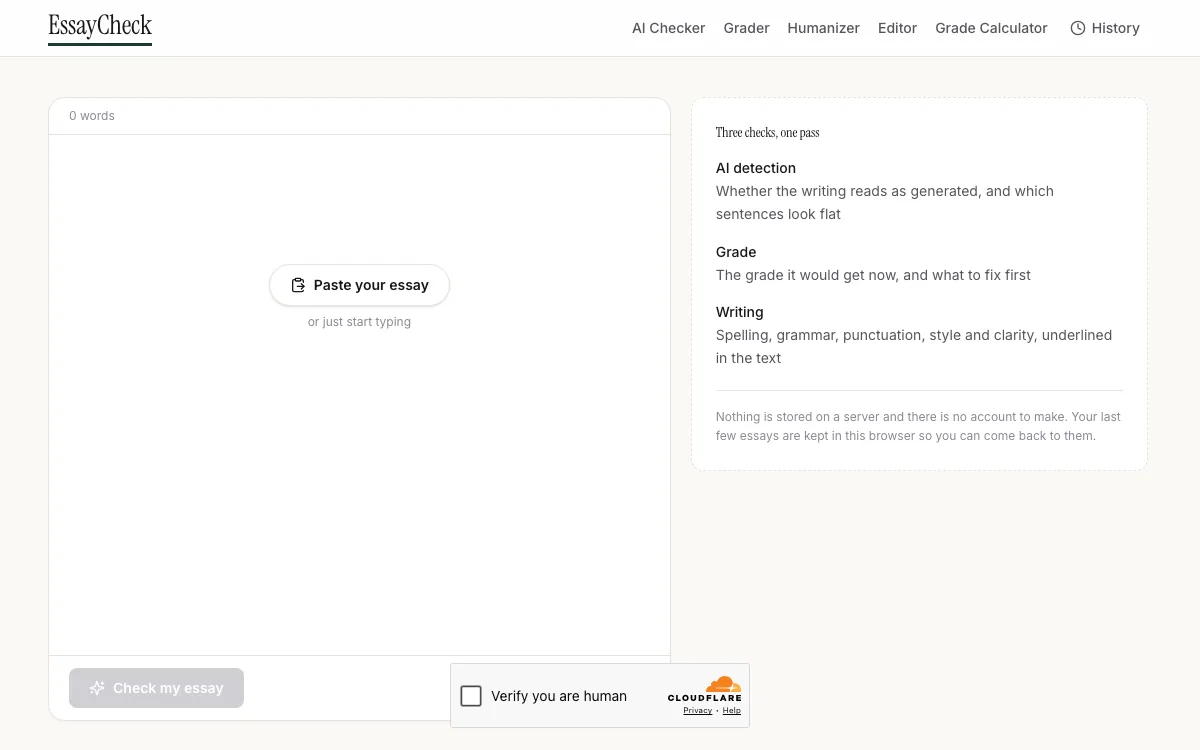 AI Essay Checker homepage screenshot