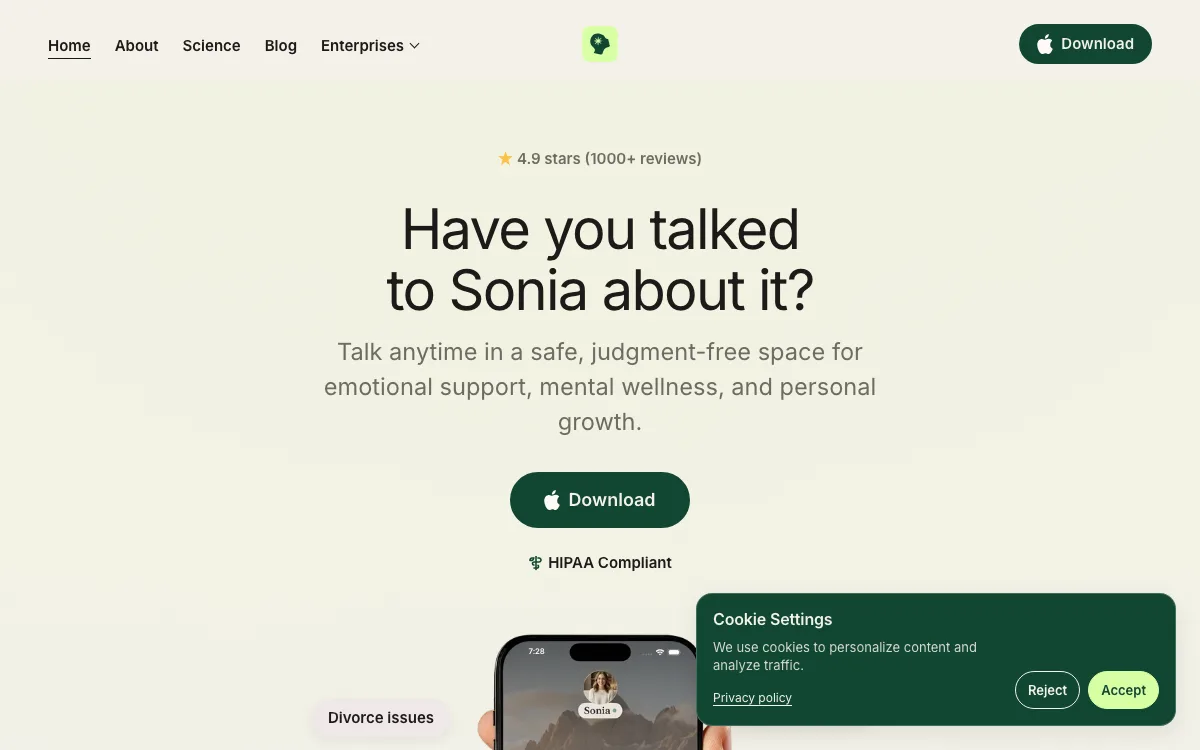 Sonia Health homepage screenshot