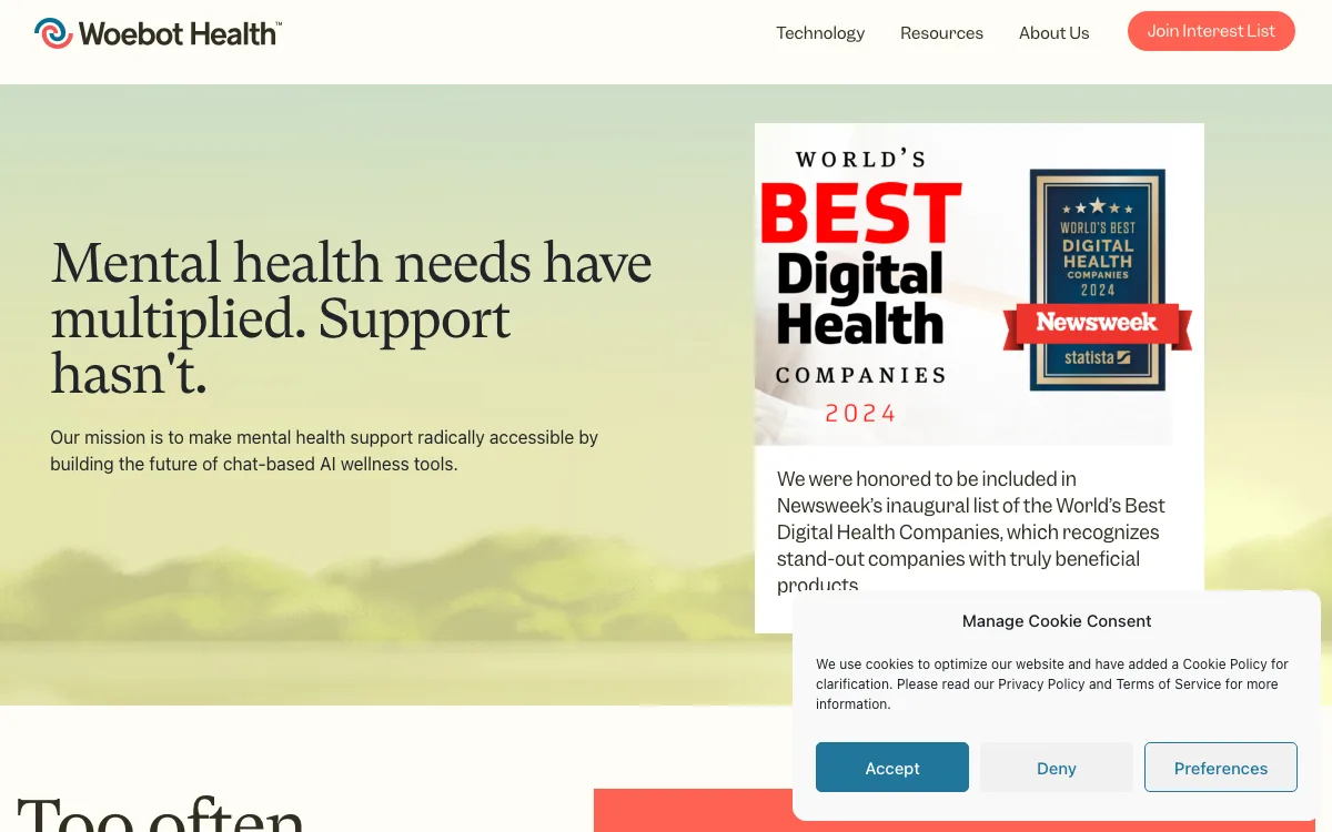 Woebot Health homepage screenshot