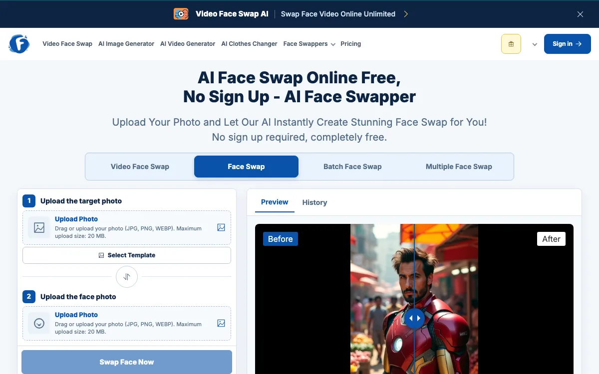 Free AI Face Swap homepage screenshot