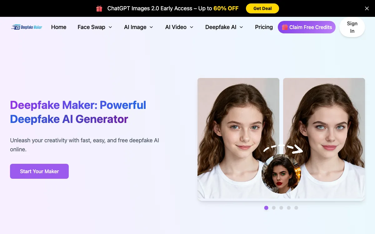 Free AI Deepfake Maker homepage screenshot
