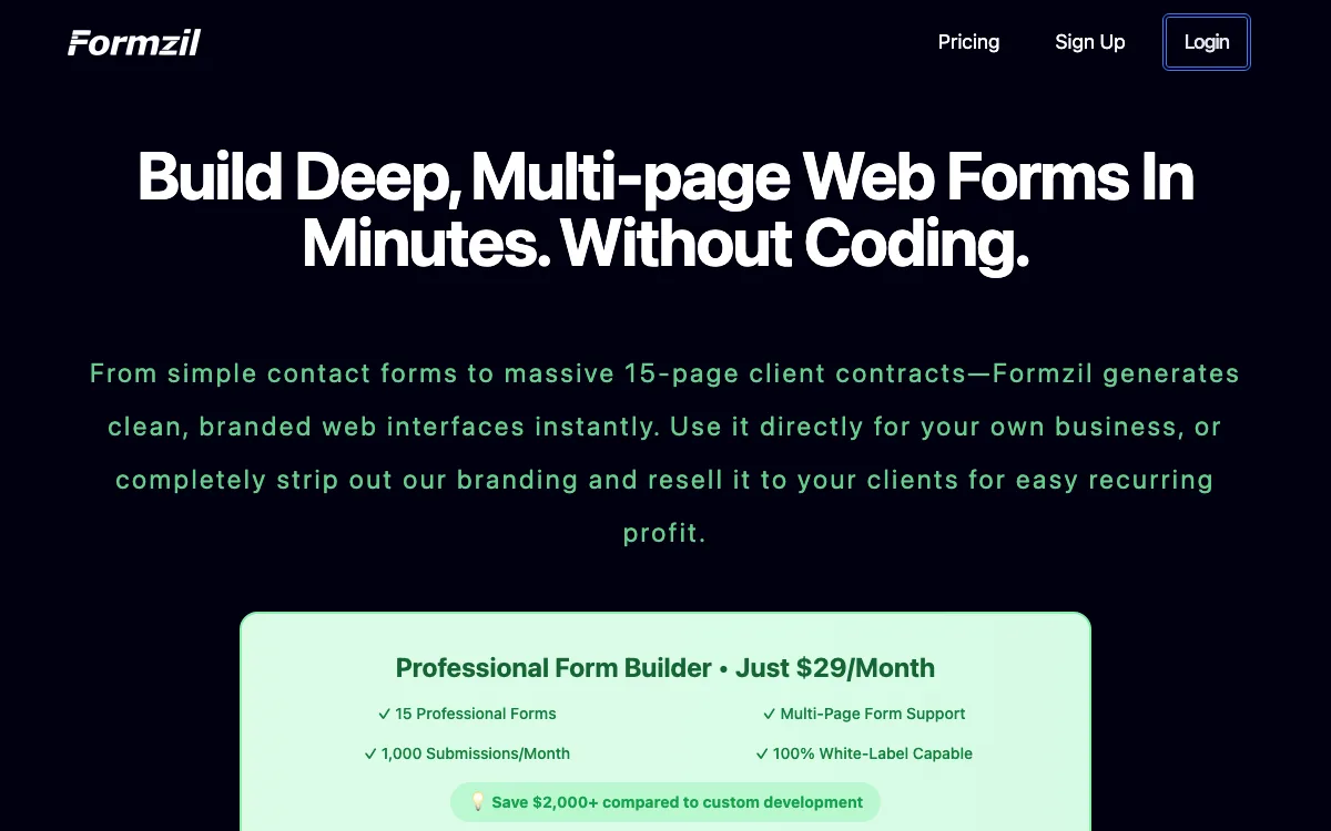 Formzil homepage screenshot