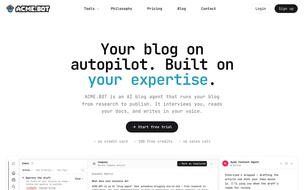 ACME.BOT - AI SEO Writer + AI Diagram Generator homepage screenshot