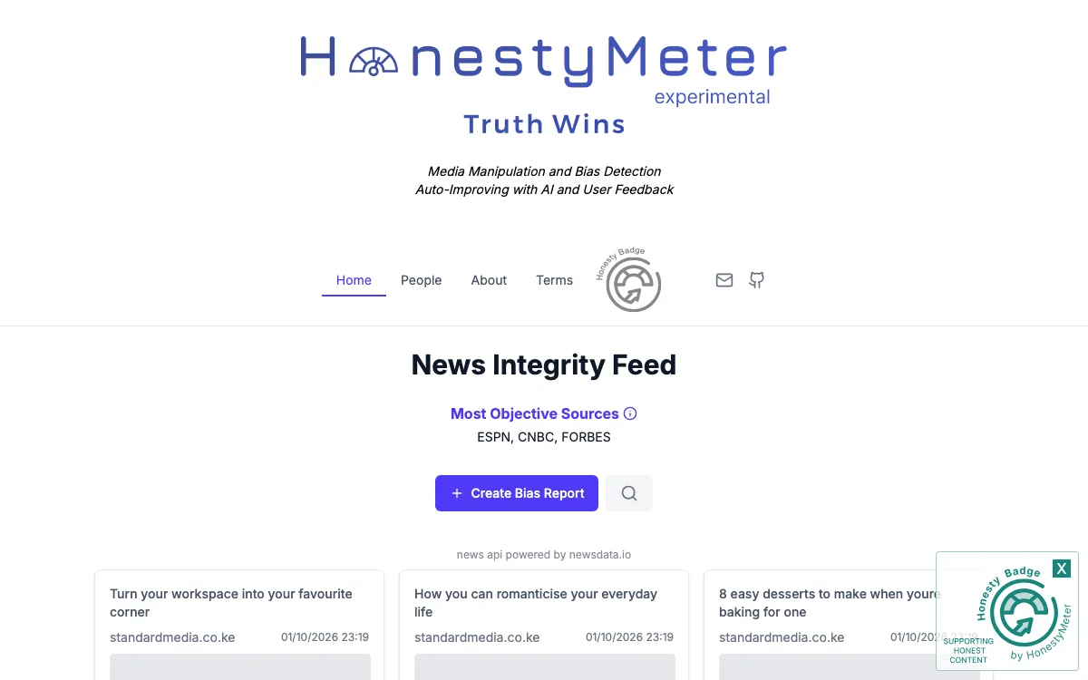 Honesty Meter homepage screenshot