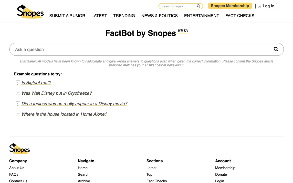 Snopes Factbot homepage screenshot