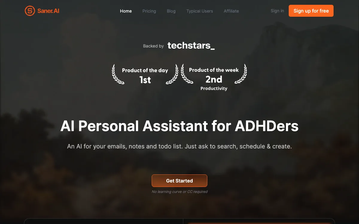 Saner.ai homepage screenshot