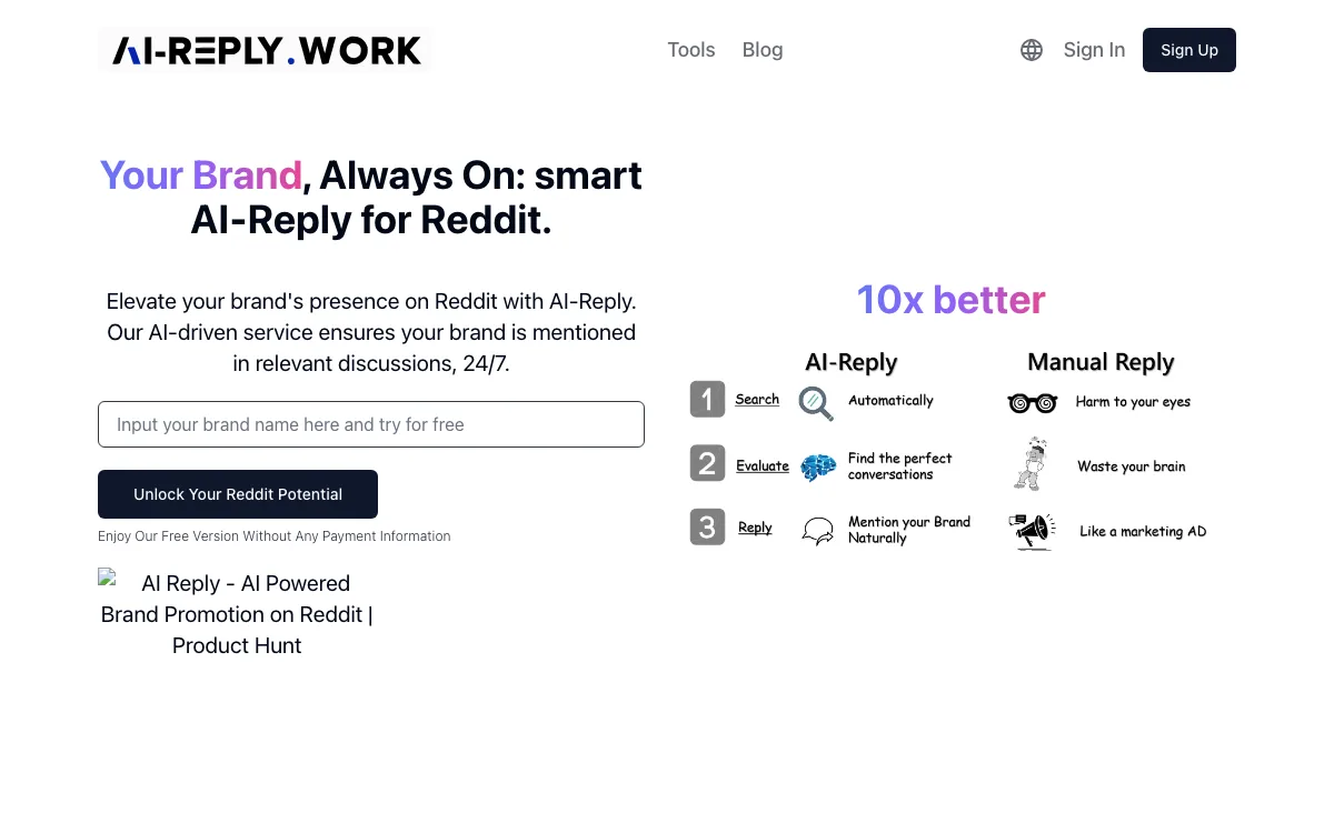 AI Reply homepage screenshot