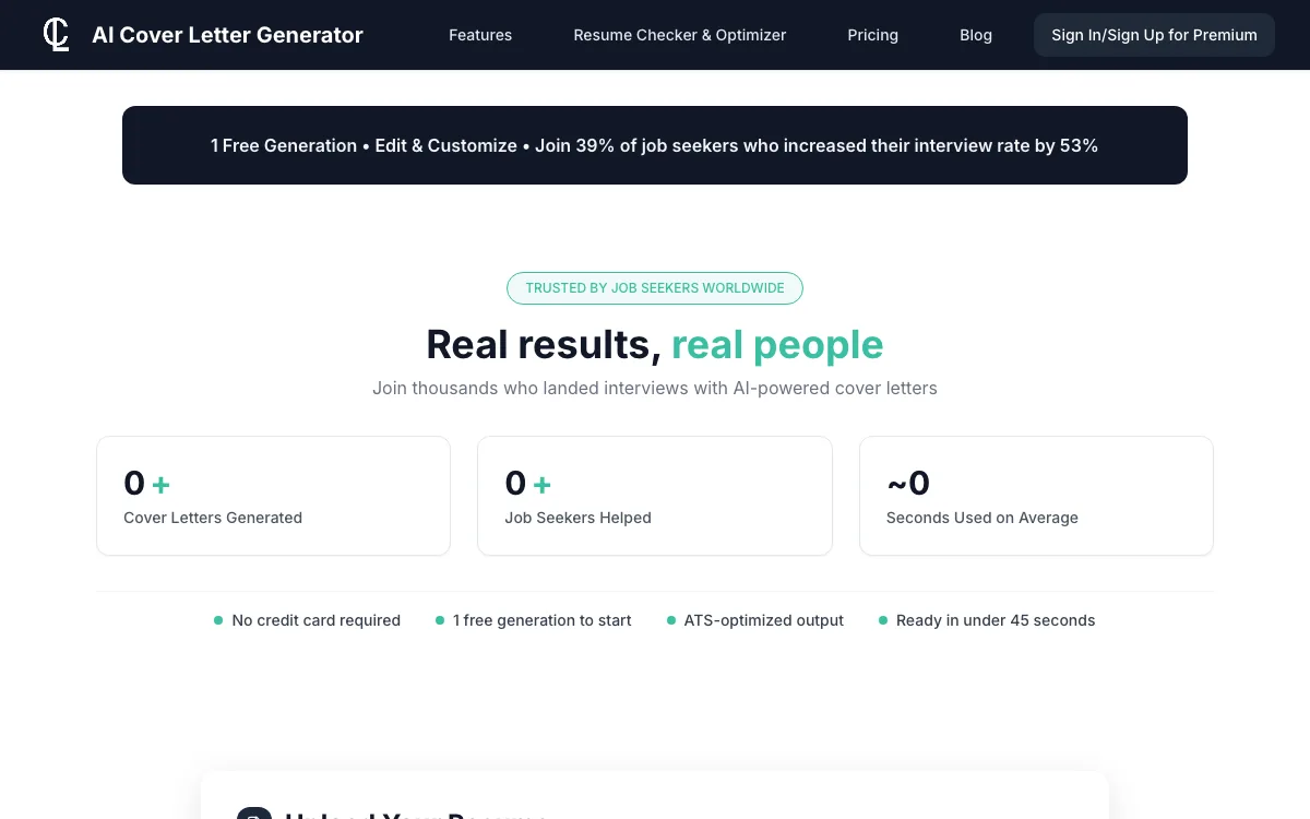 AI Cover Letter Generator homepage screenshot