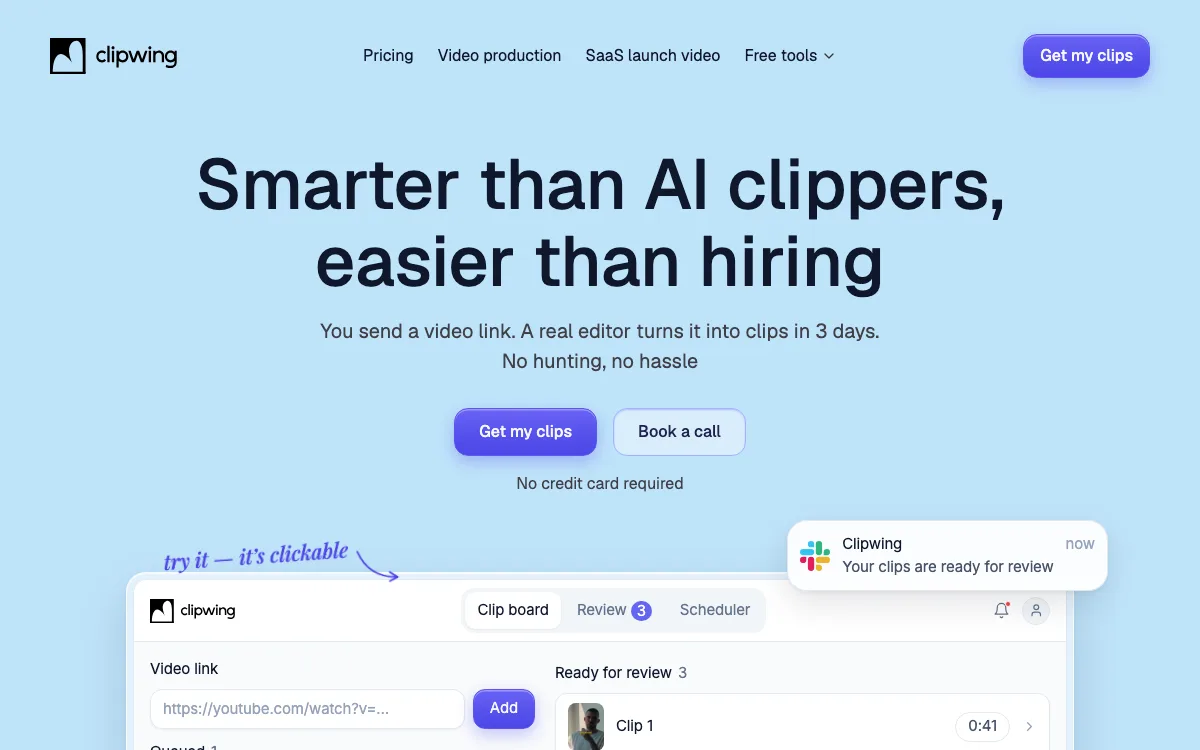 Clipwing homepage screenshot