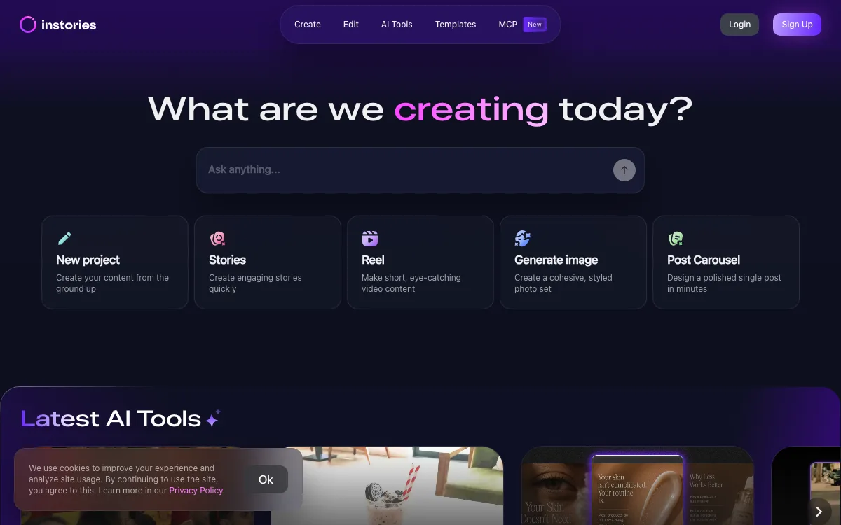 Instories homepage screenshot