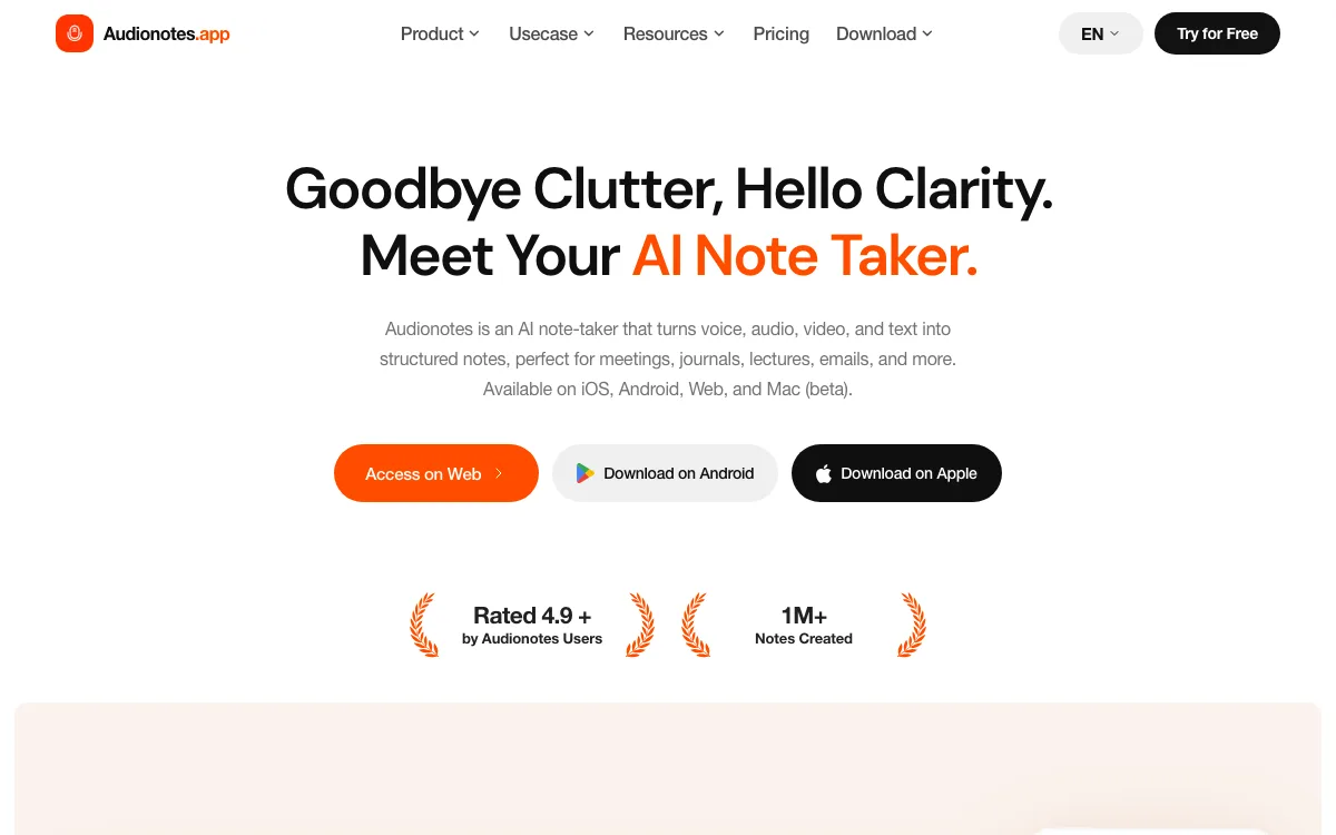 AudioNotes homepage screenshot