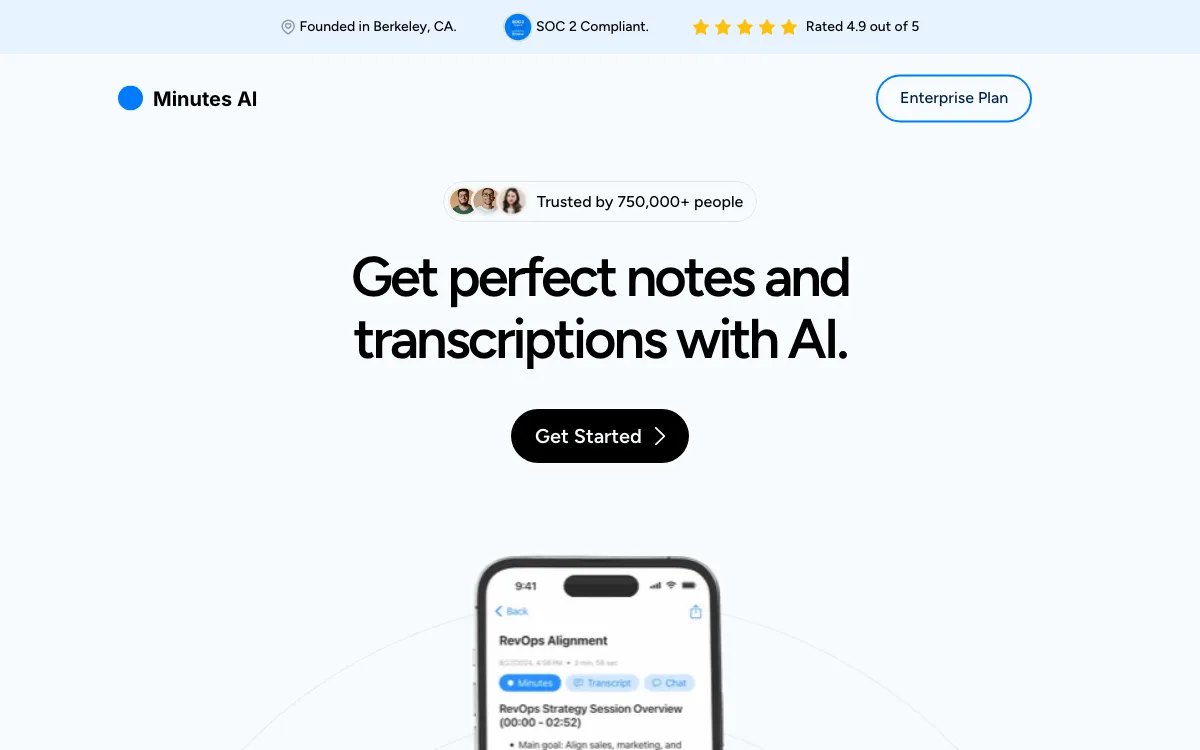 Minutes AI homepage screenshot