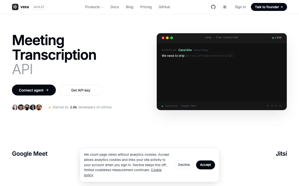 Vexa homepage screenshot