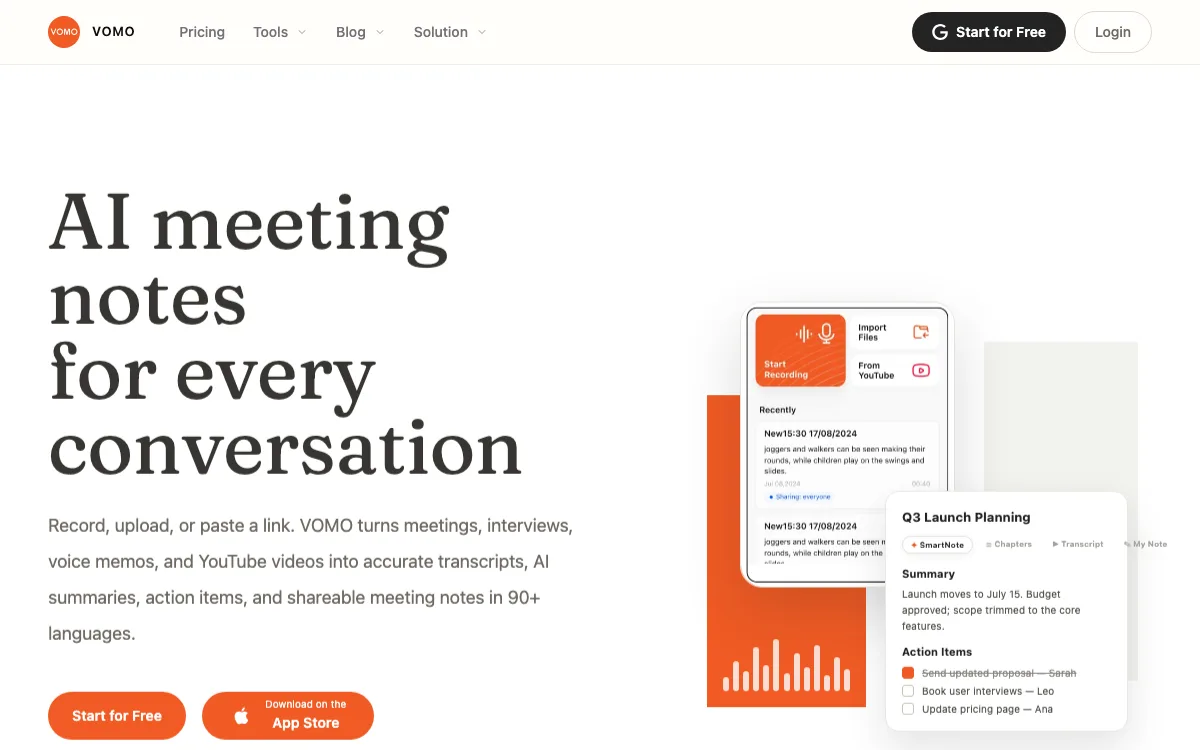 VOMO AI homepage screenshot