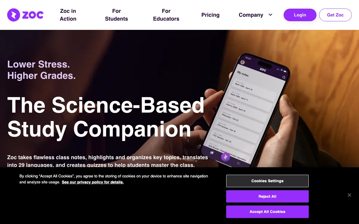 Zoc.ai - Better Grades | Ethical AI homepage screenshot