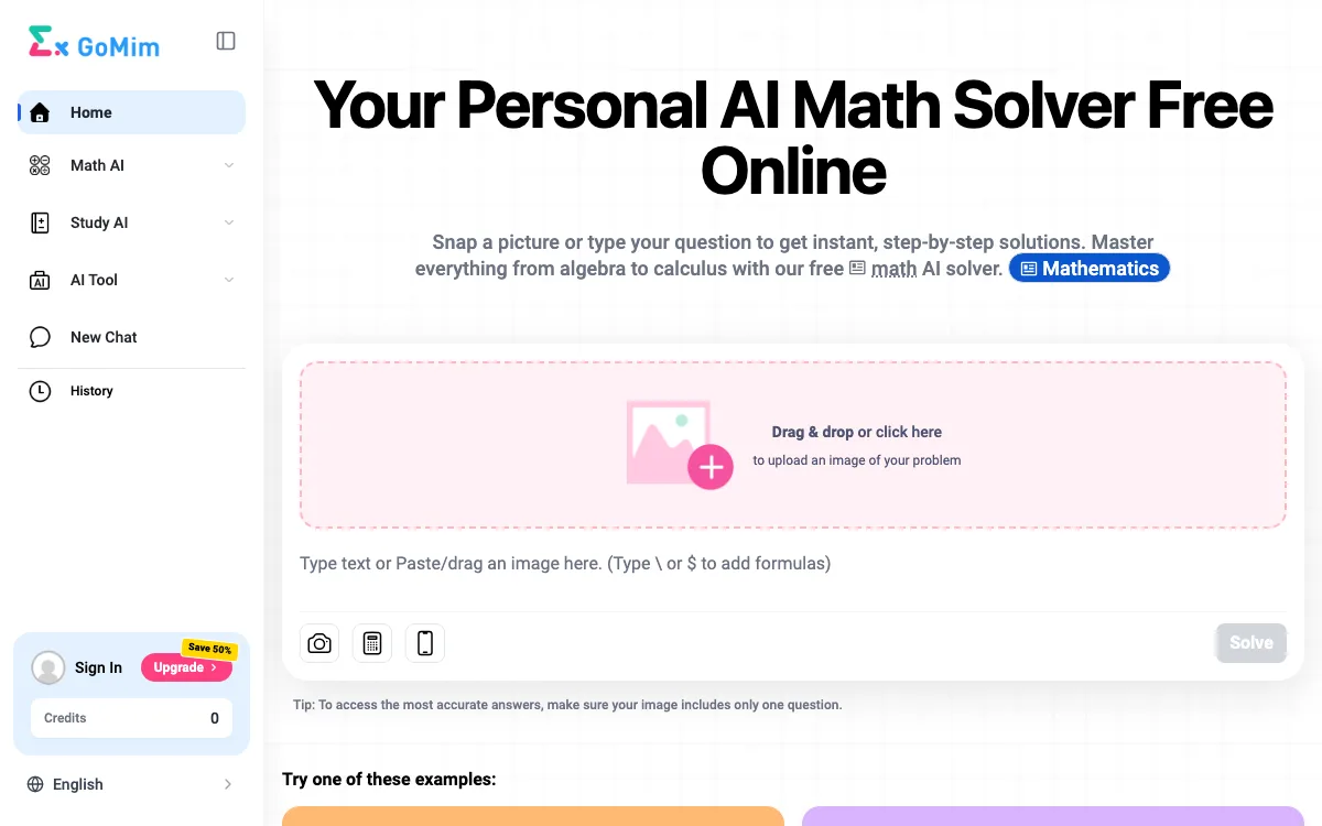 GoMim Math AI homepage screenshot