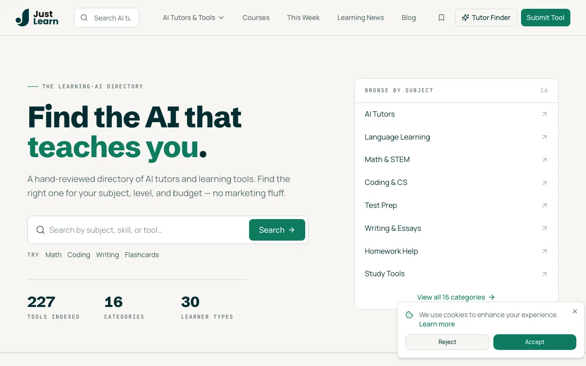 Justlearn homepage screenshot