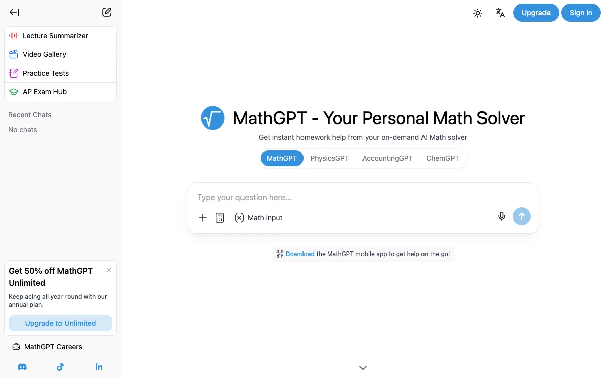MathGPT homepage screenshot