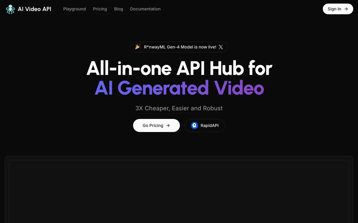 AI Video API homepage screenshot