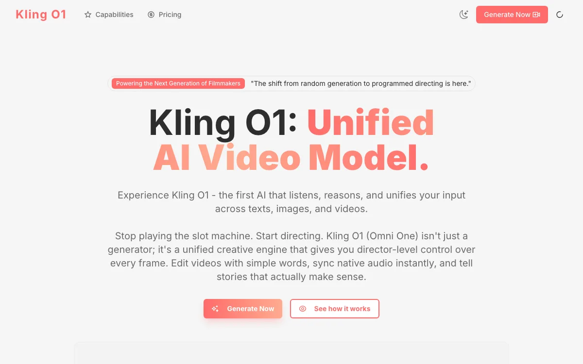 Kling O1 homepage screenshot