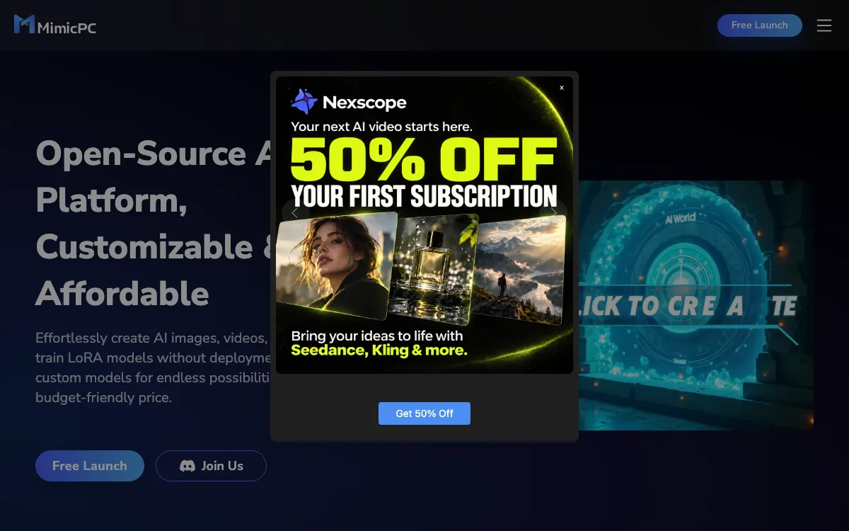 MimicPC homepage screenshot
