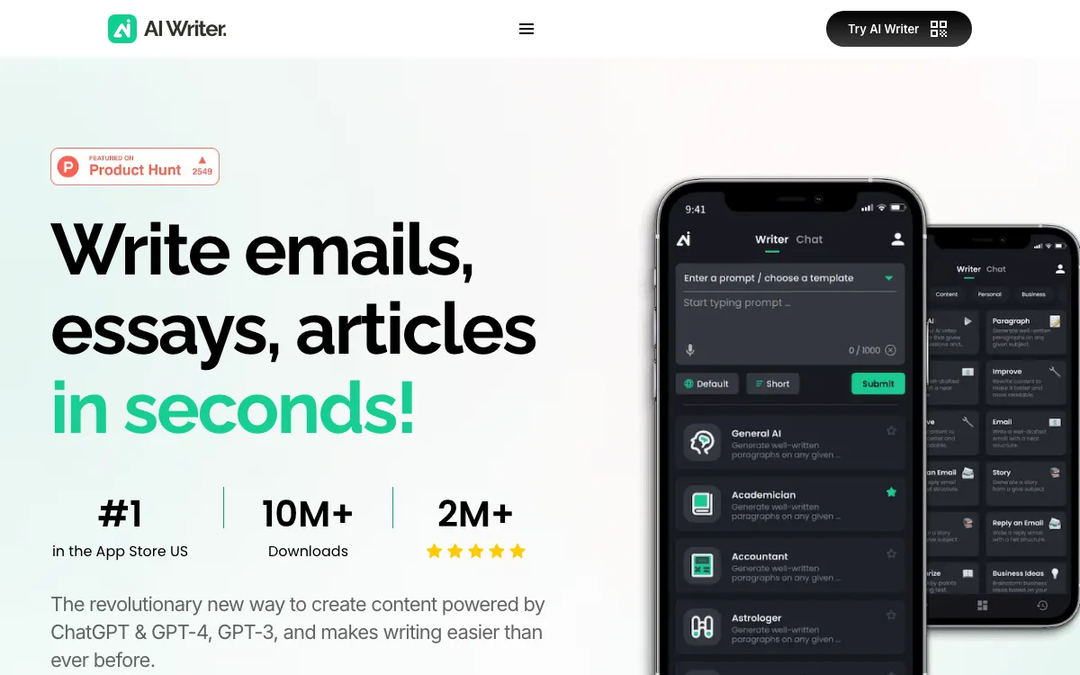 AI Writer homepage screenshot